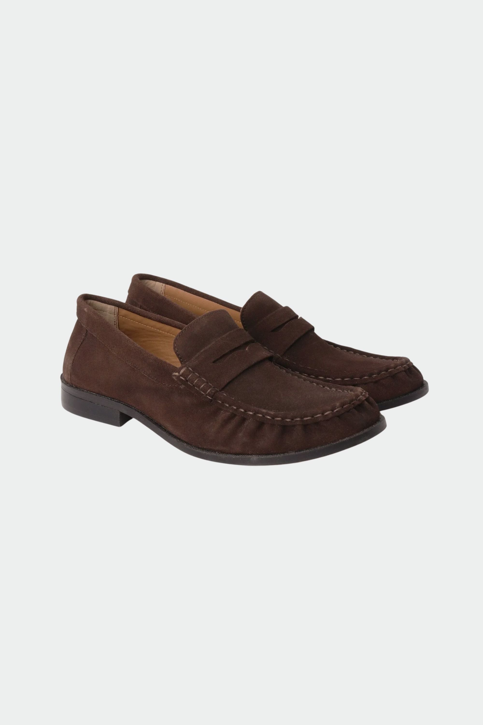 Ruched Penny Cut Loafers in Brown Suede
