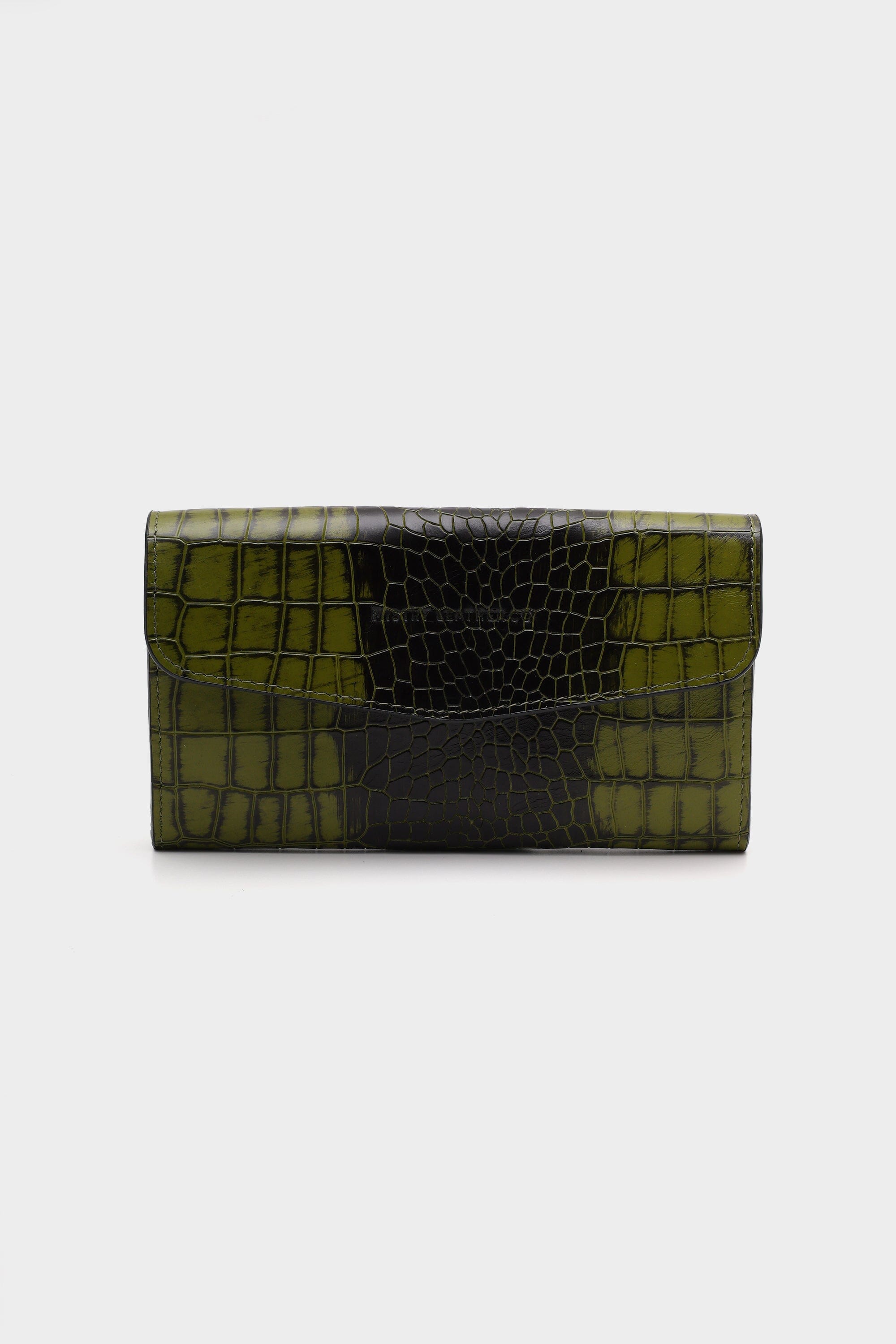 Croc-Embossed Leather Wallet In Dark Olive