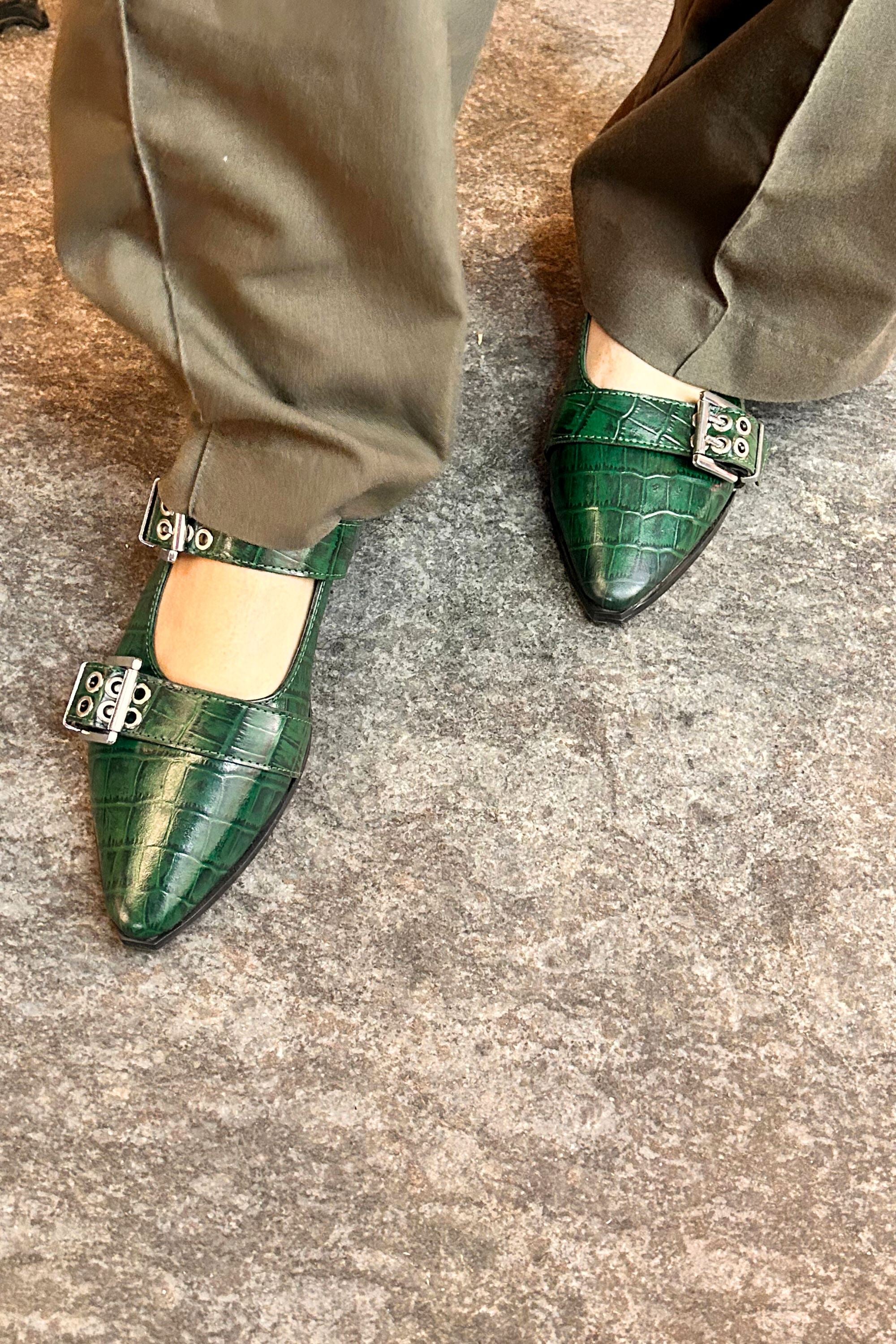 Buckled Ballet Flats in Forest Green Buckled Ballet Flats in Forest Green
