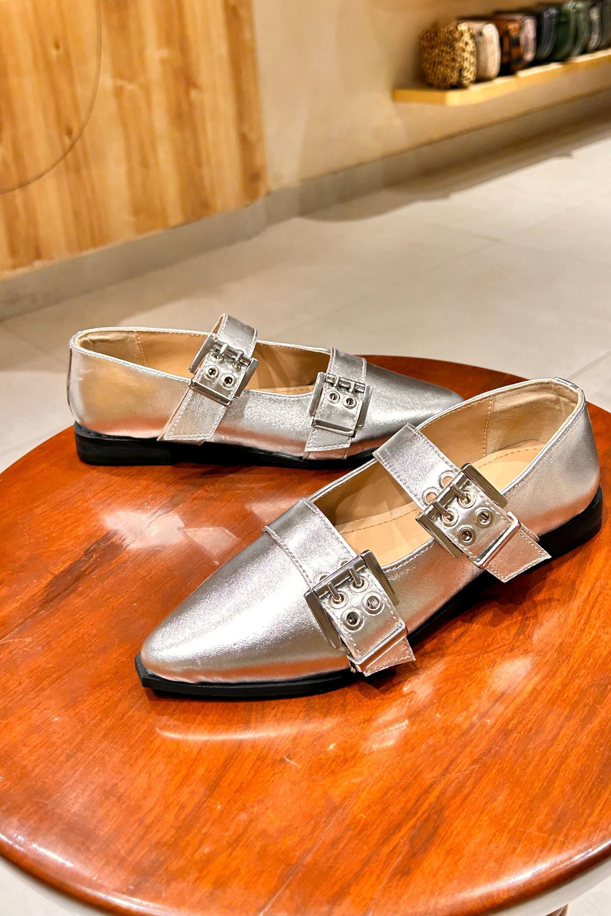 Buckled Ballet Flats in Metallic Silver