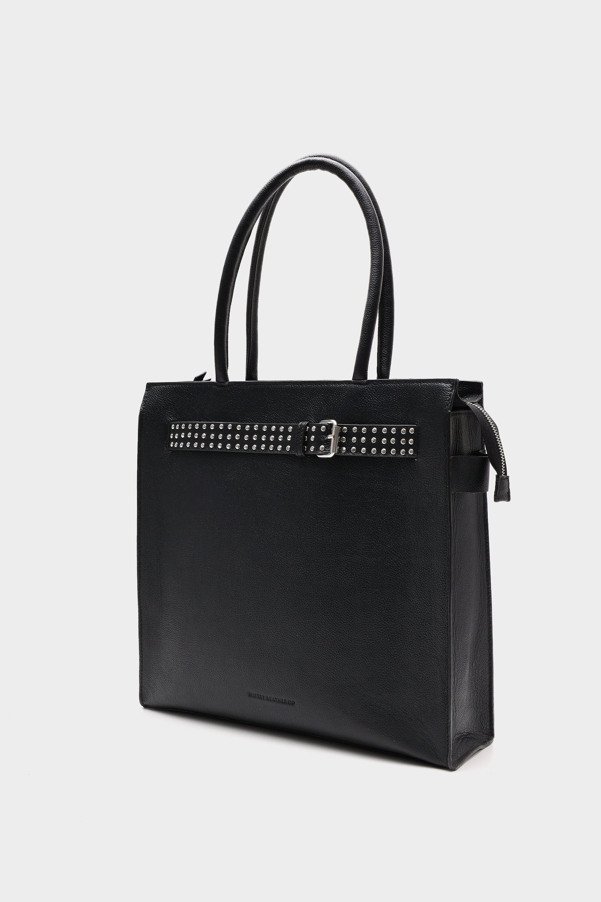 Box Tote in Pebbled Black with Buckled Details