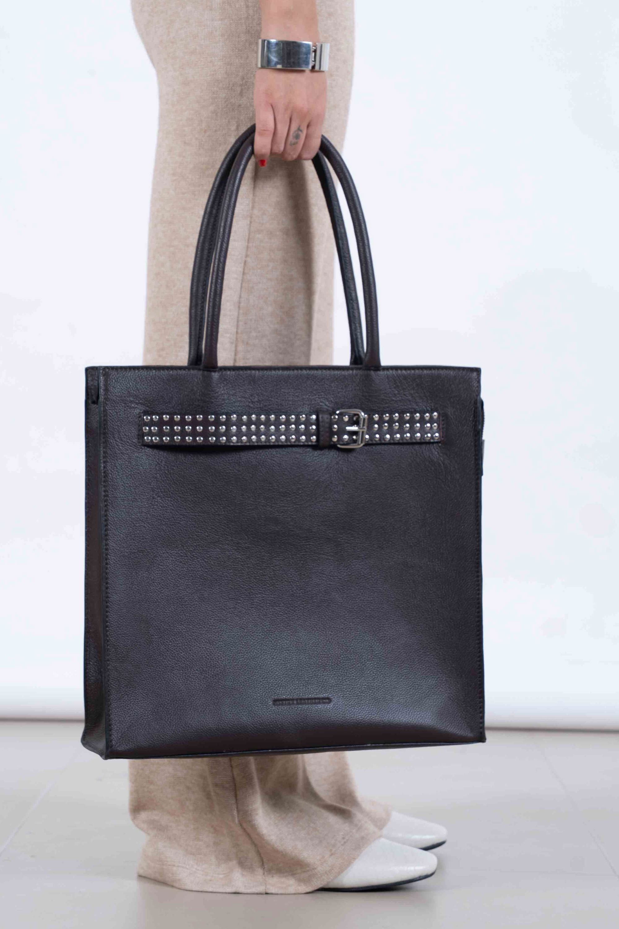 Box Tote in Pebbled Black with Buckled Details
