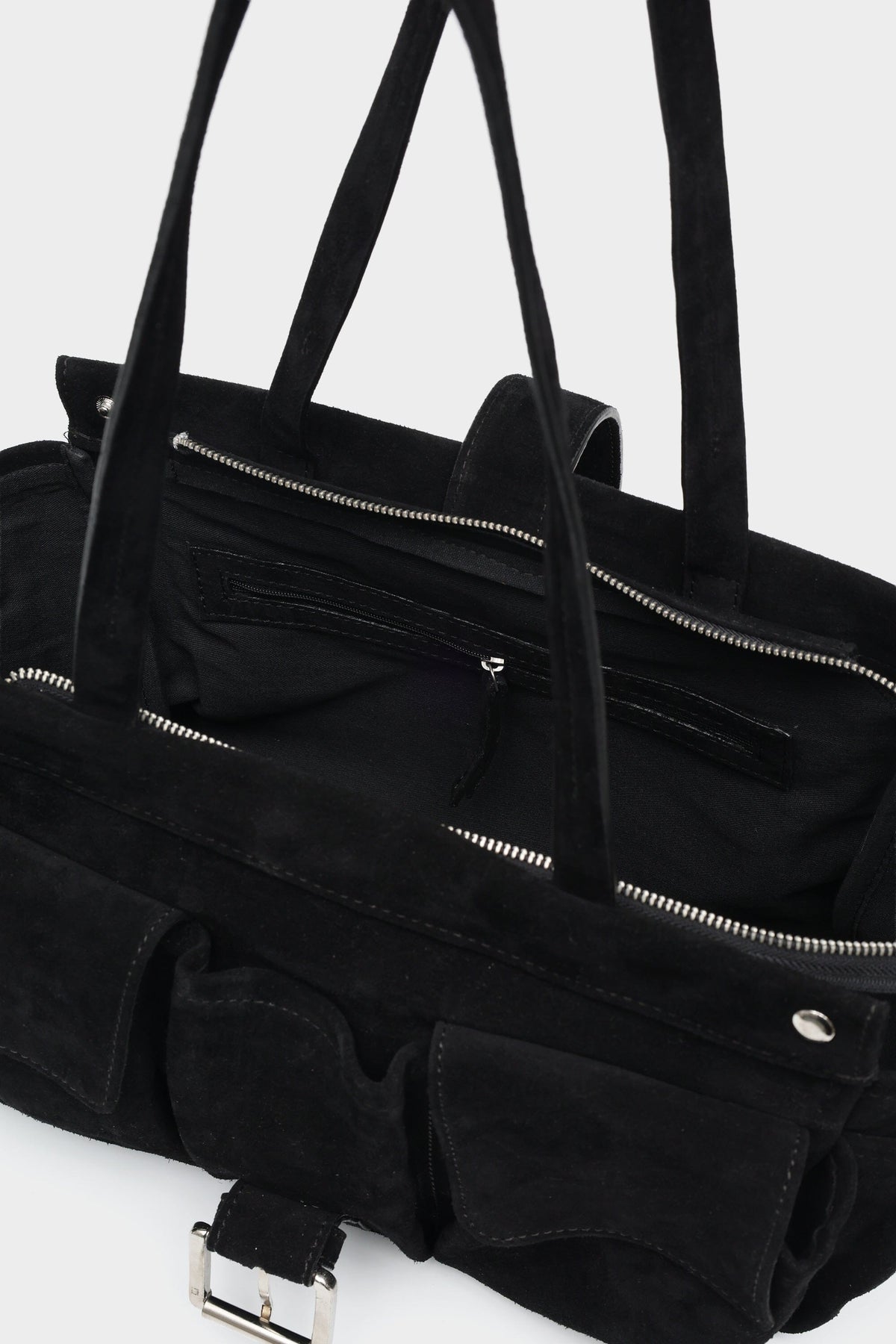 Rover Tote in Black Suede with Buckled Detailing