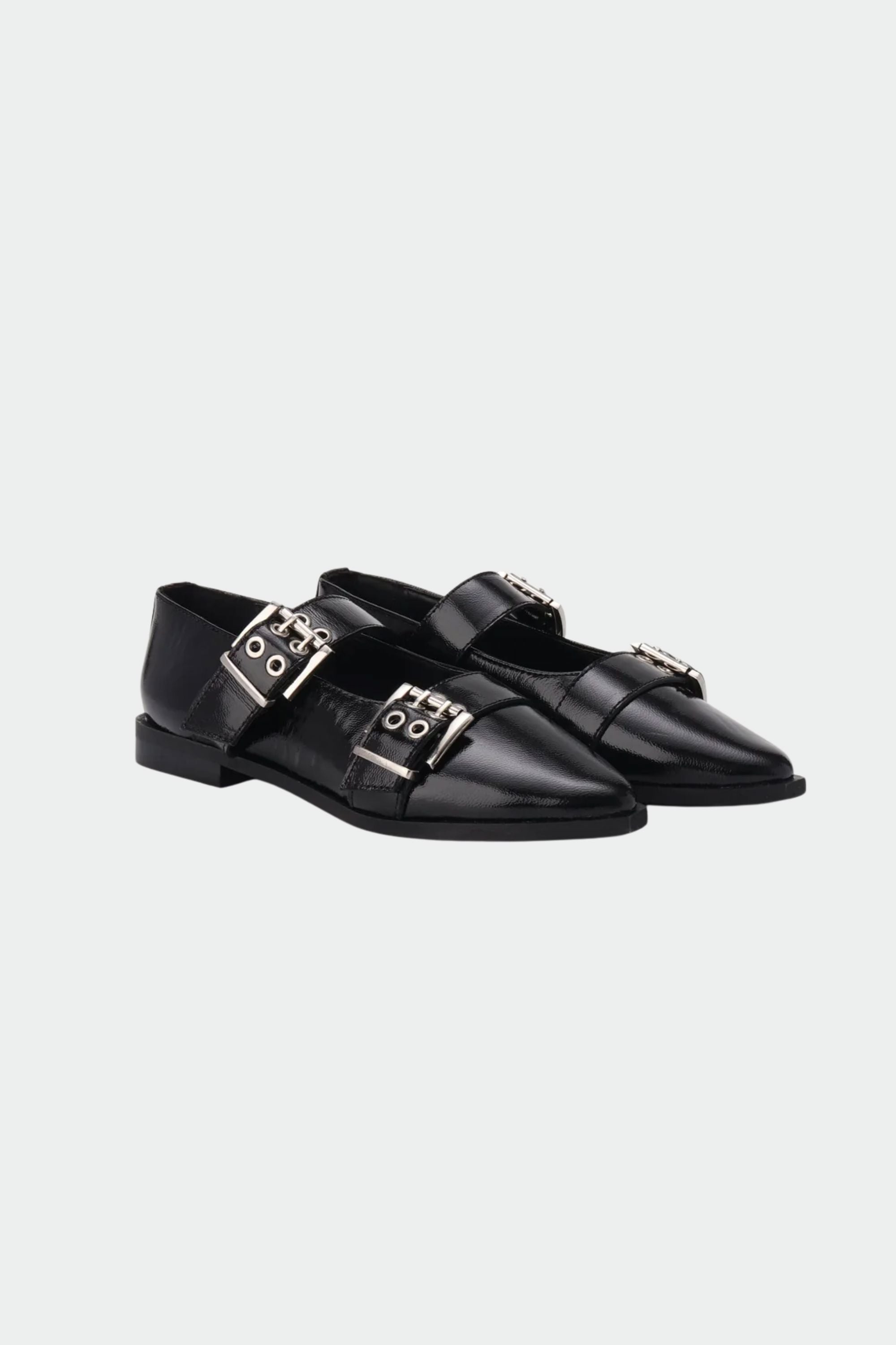 Buckled Ballet Flats in Black Patent Leather