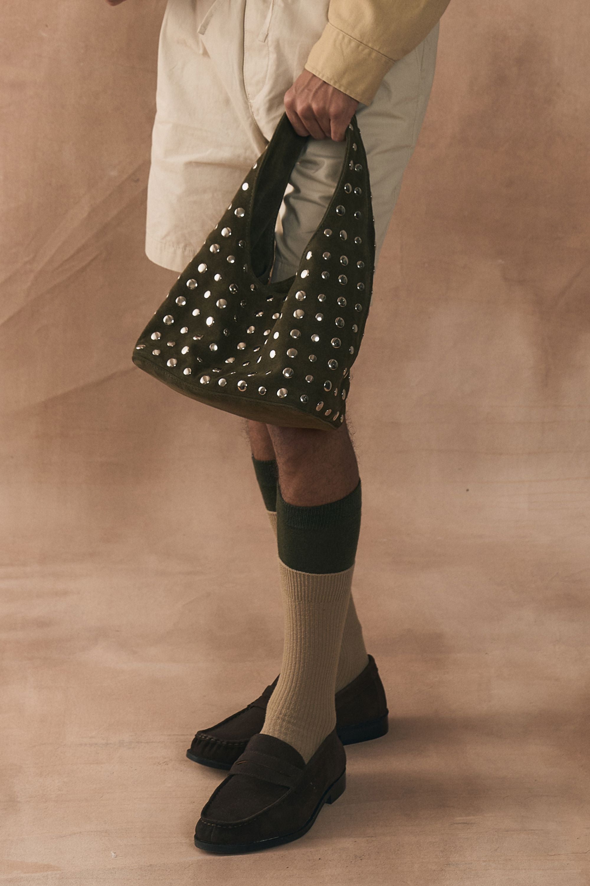 Icon Studded Midi in Olive Green Suede