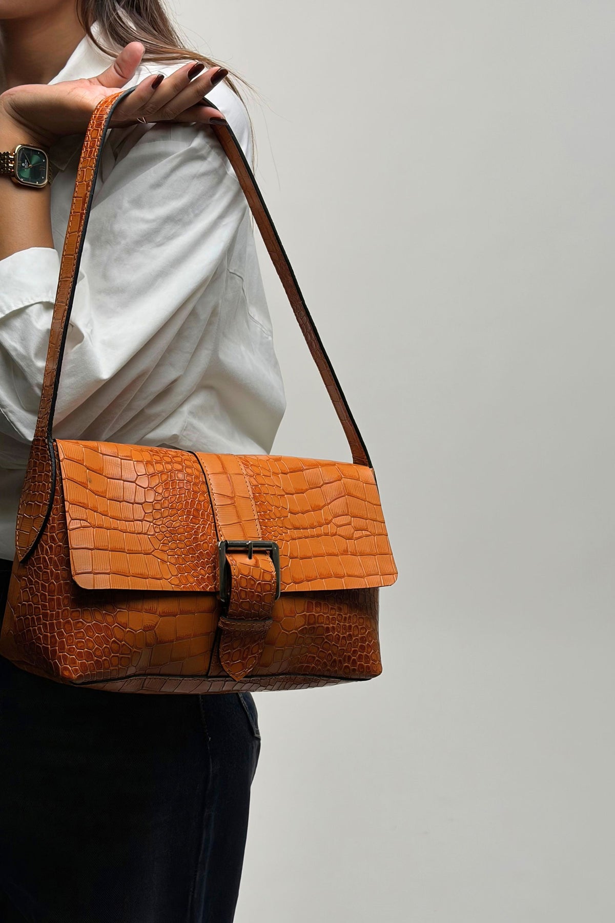Marlow Flap Bag in Orange Croc Embossed leather