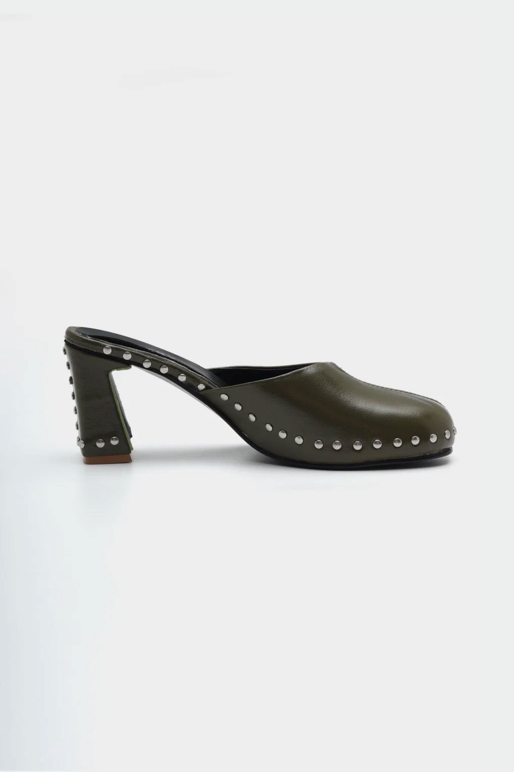 Runway Studded Mule Heels in Olive Green