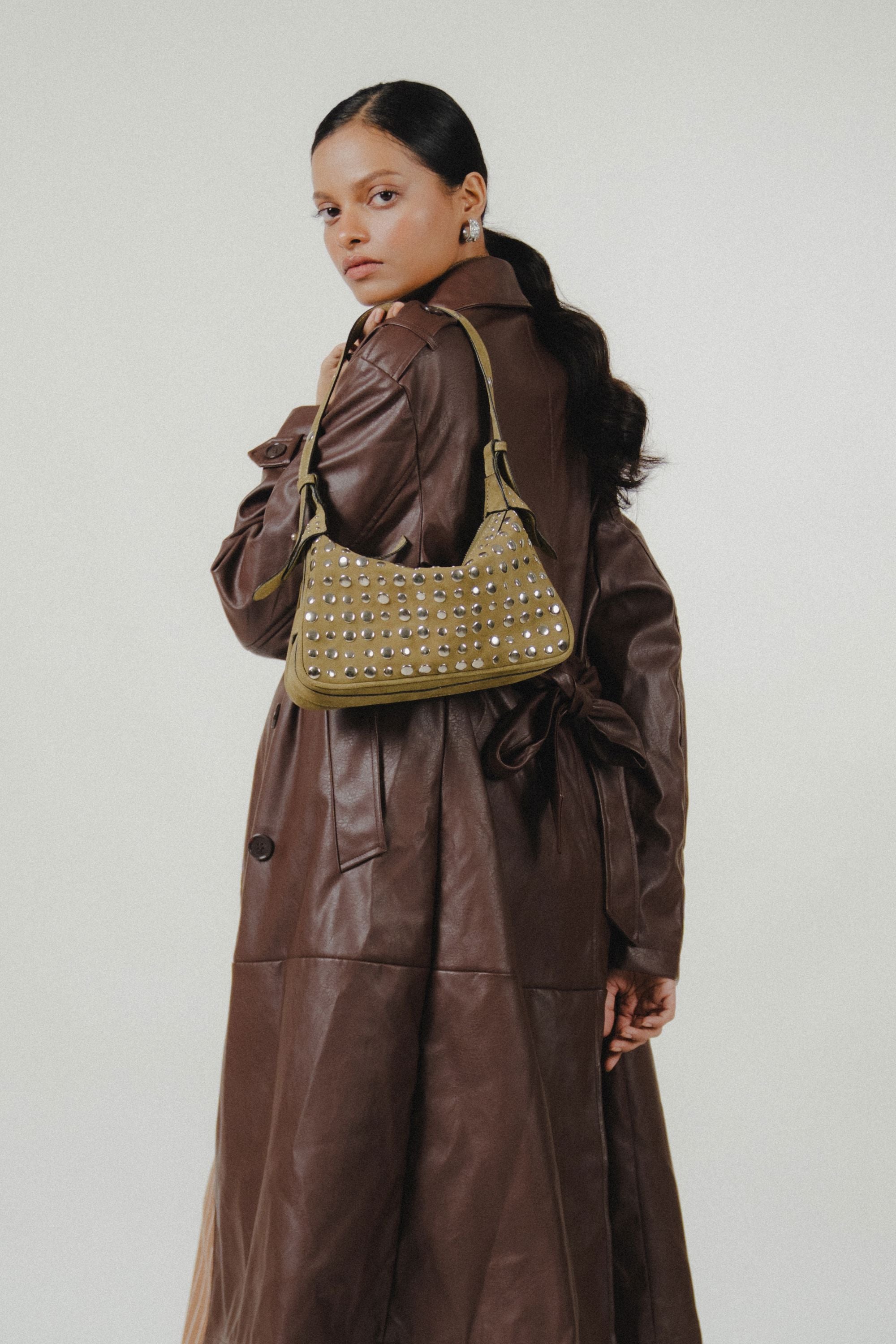 Icon Studded Baguette in Olive Green