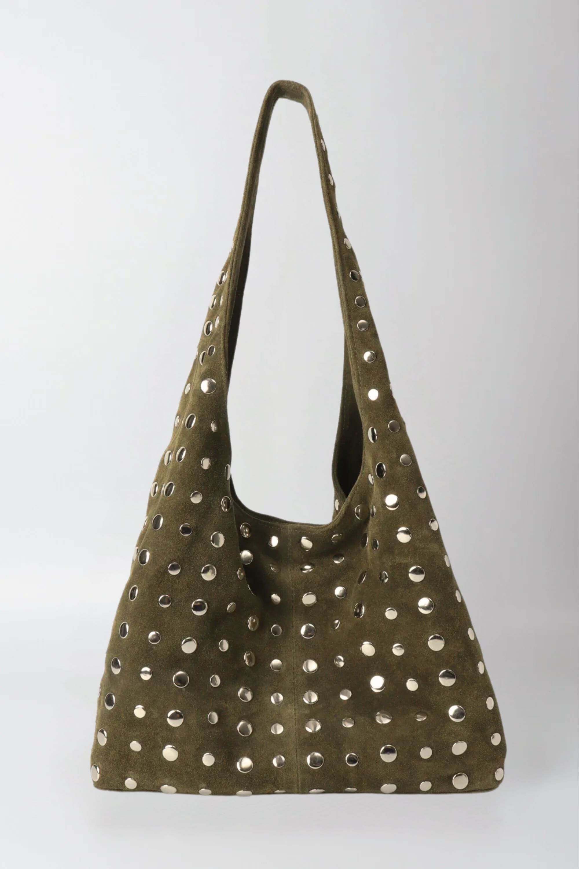 Icon Studded Tote in Olive Green Suede