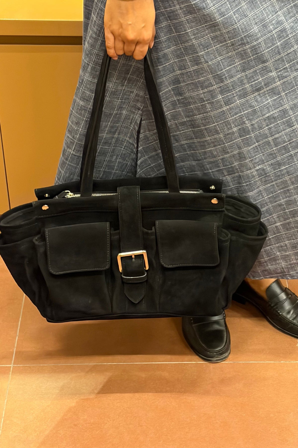 Rover Tote in Black Suede with Buckled Detailing