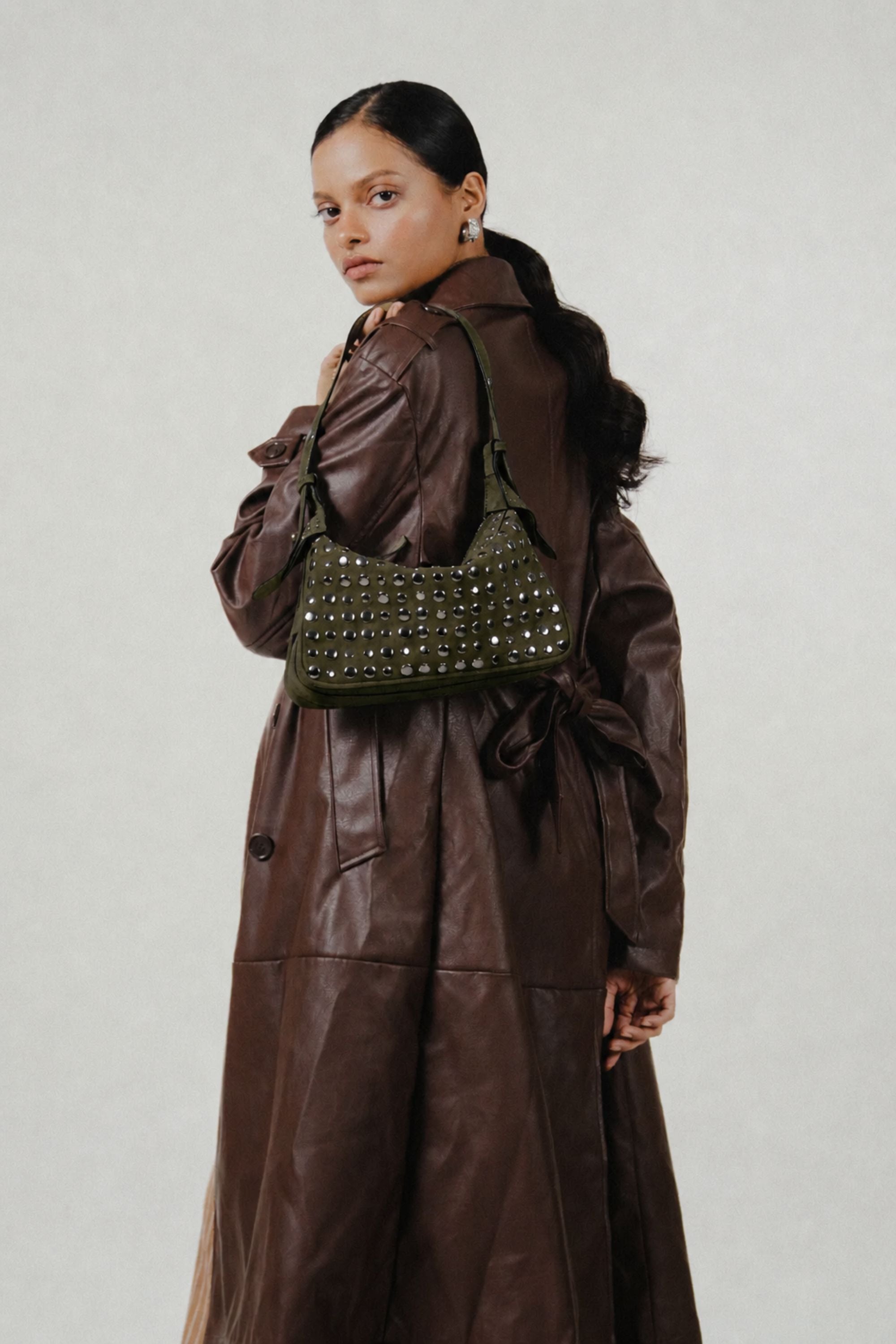 Icon Studded Baguette in Olive Green