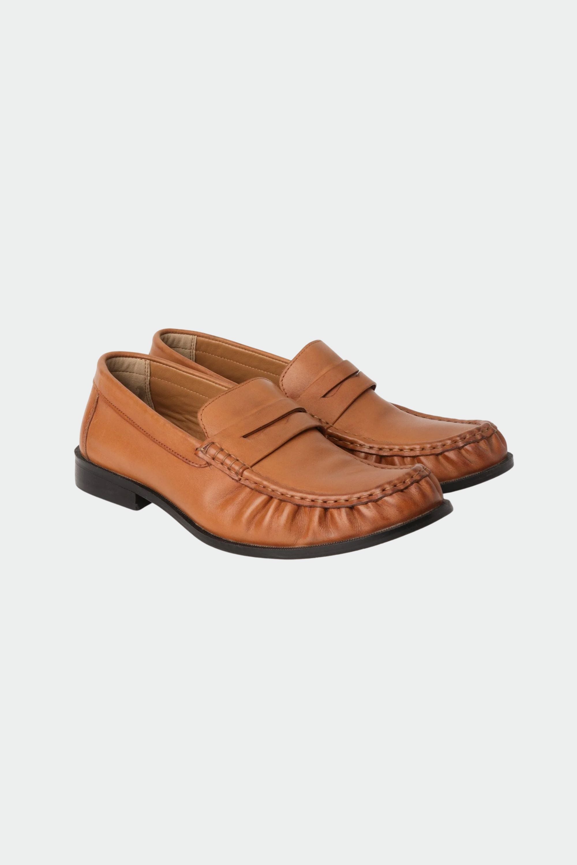 Ruched Penny Cut Loafers in Tan