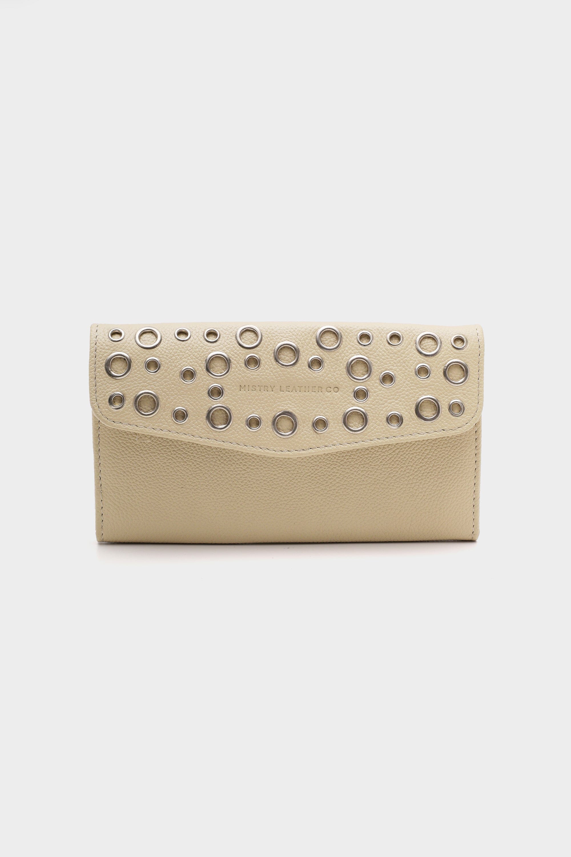 Leather Wallet with Silver Eyelets In Ecru