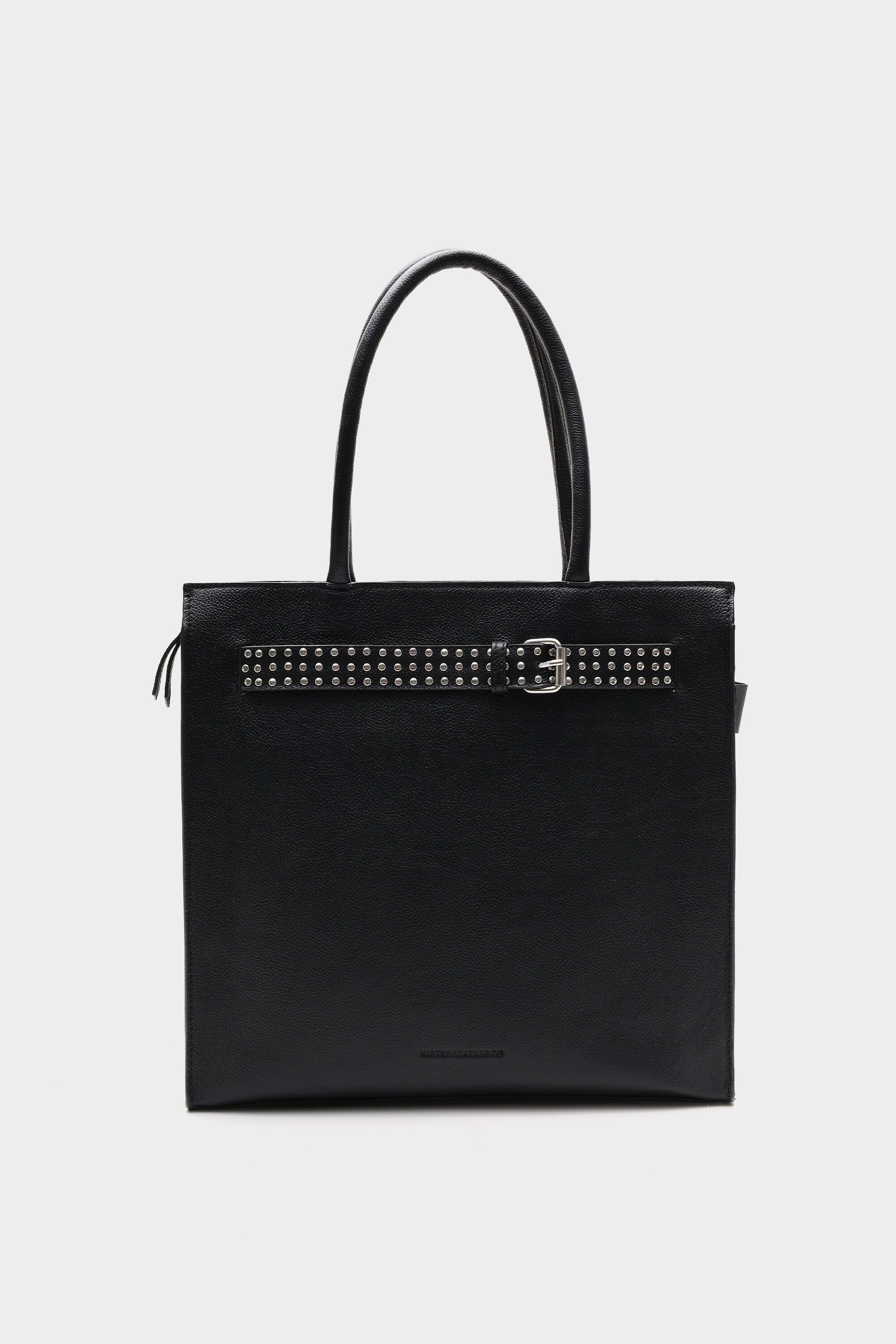 Box Tote in Pebbled Black with Buckled Details