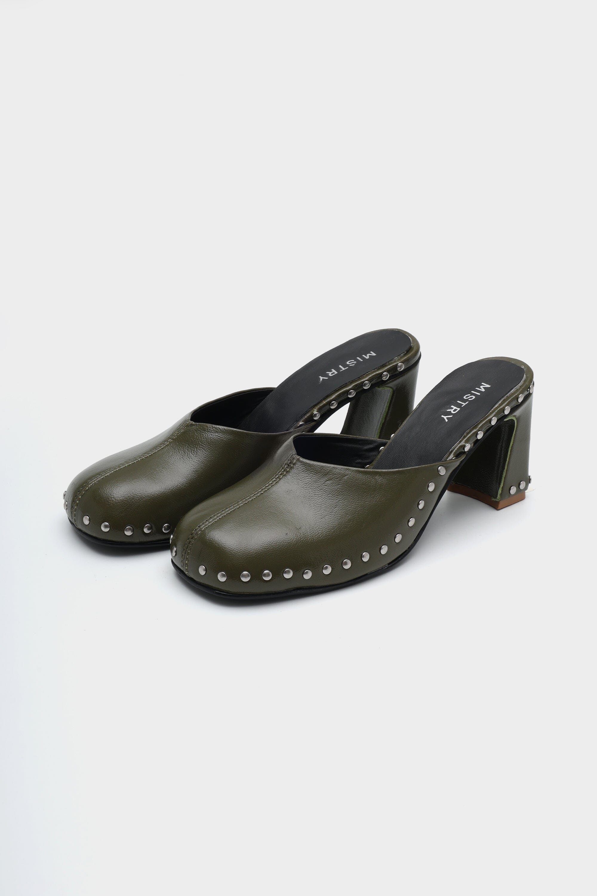 Studded Olive Green Mules In Block Heels