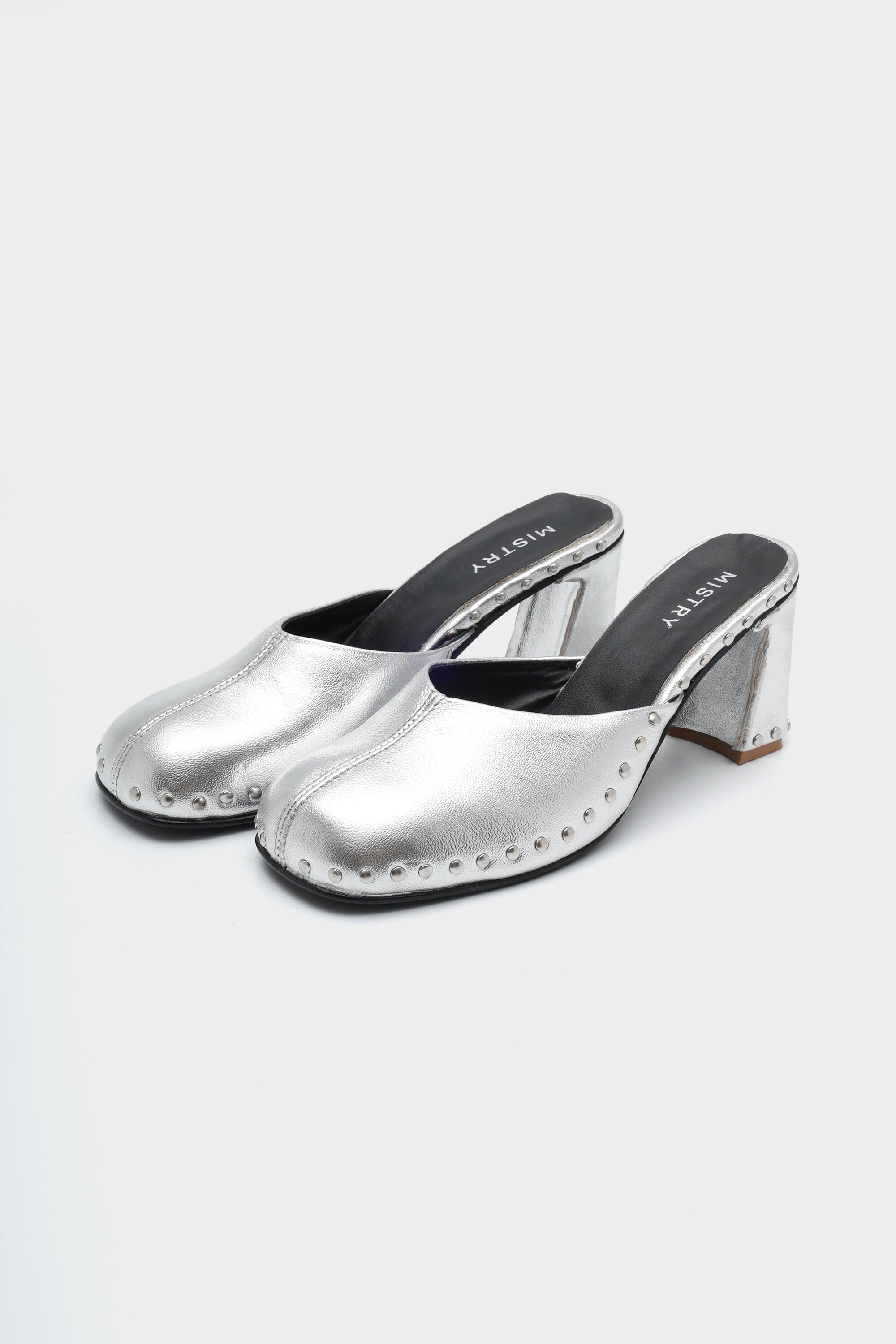 Studded Silver Mules In Block Heels