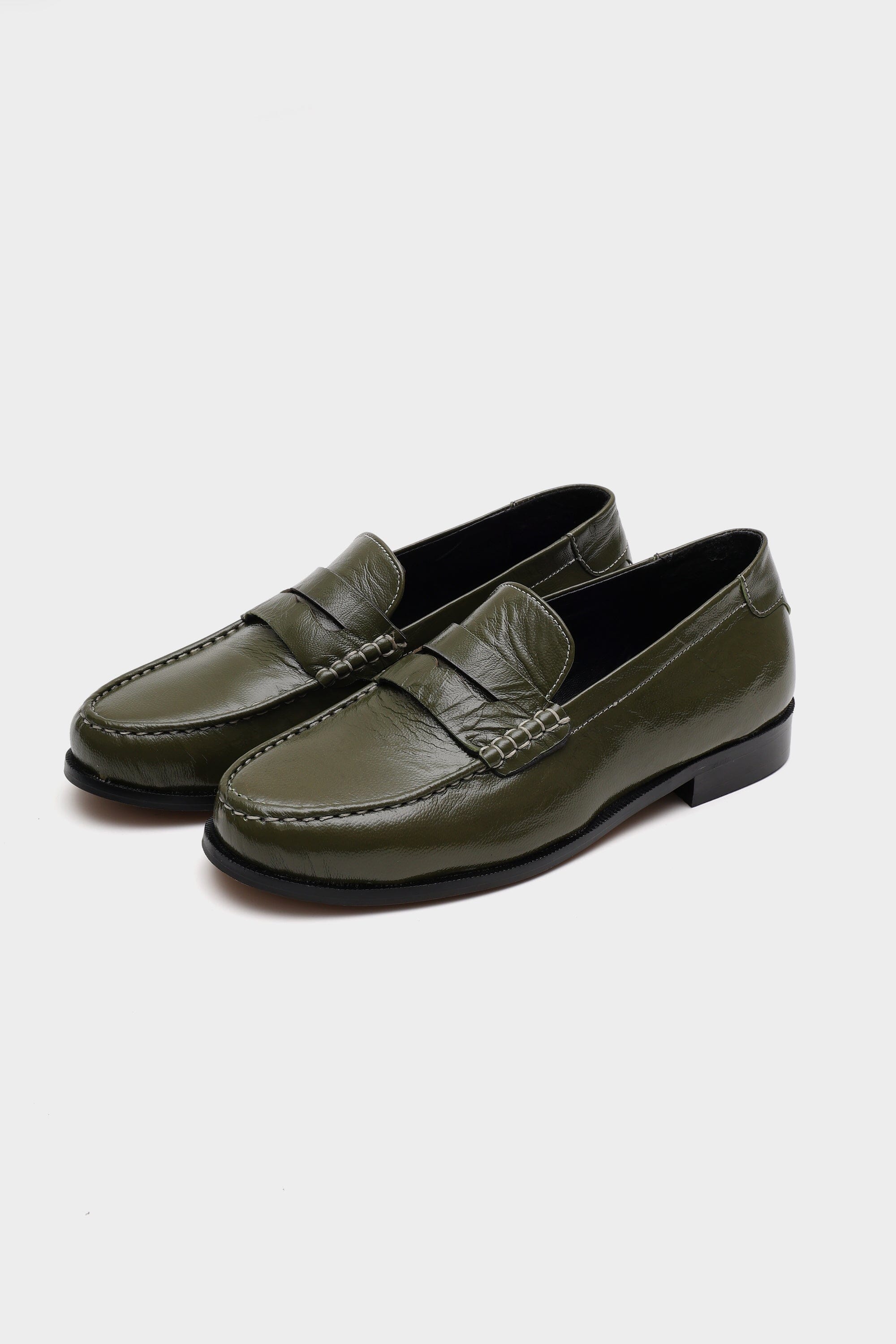 Classic Penny Cut Loafers in Olive Patent Leather