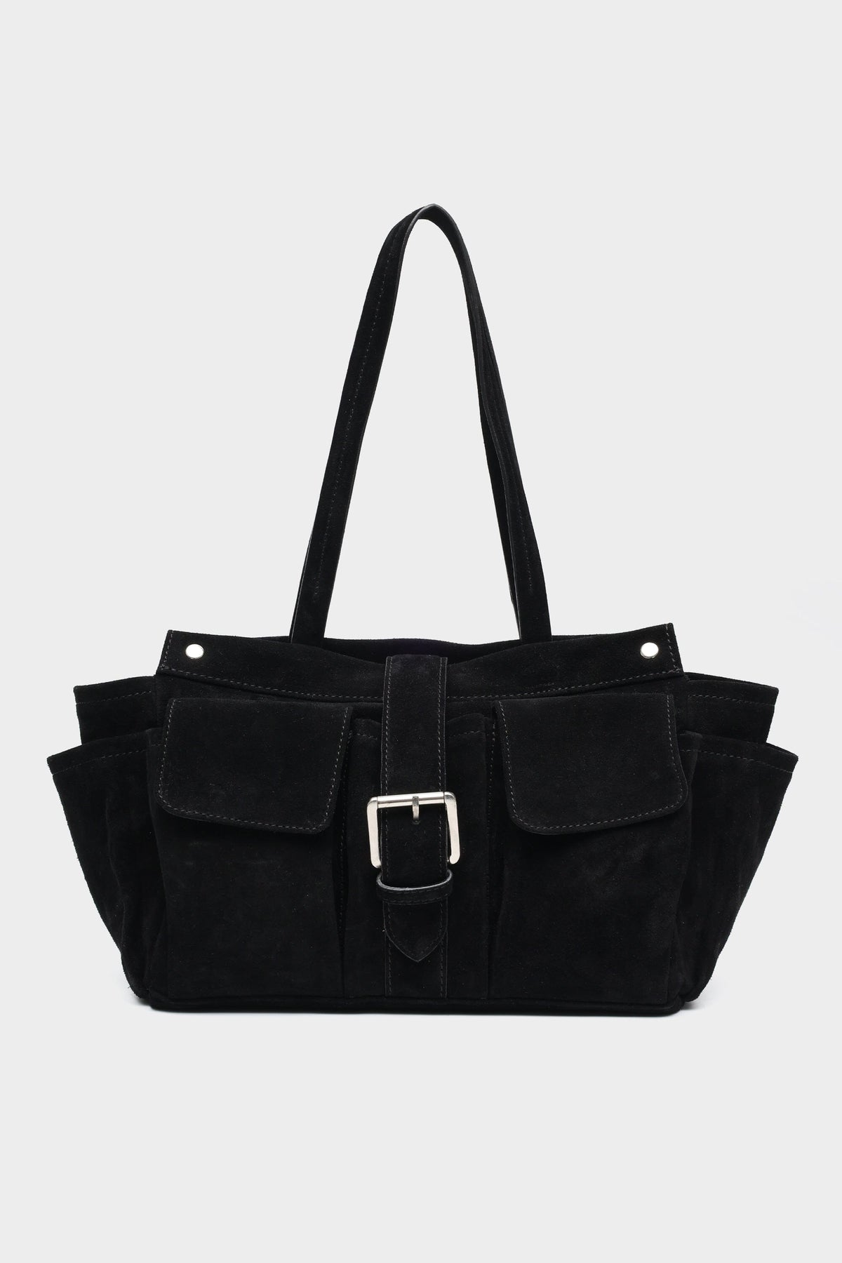 Rover Tote in Black Suede with Buckled Detailing
