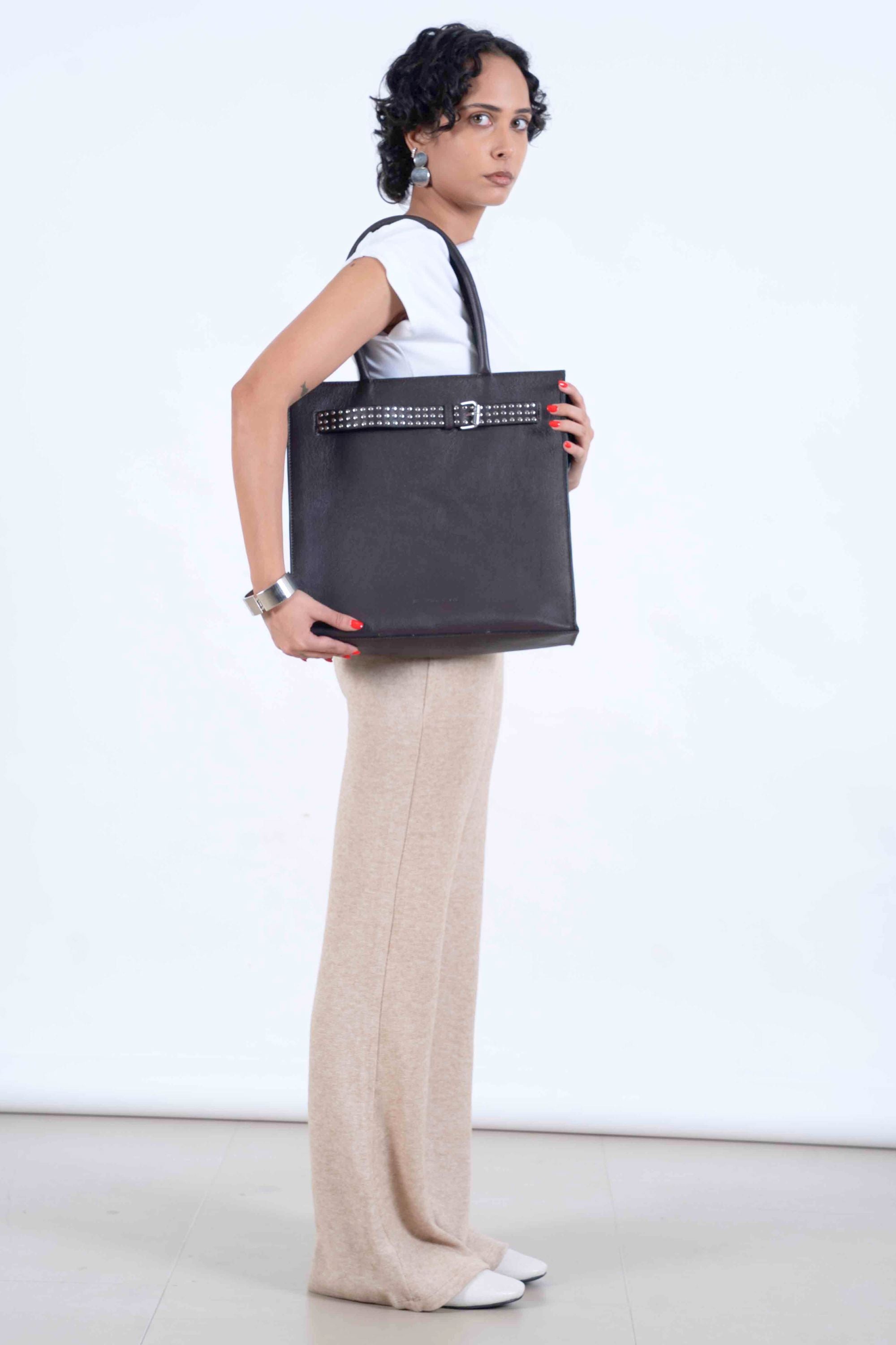 Box Tote in Pebbled Black with Buckled Details