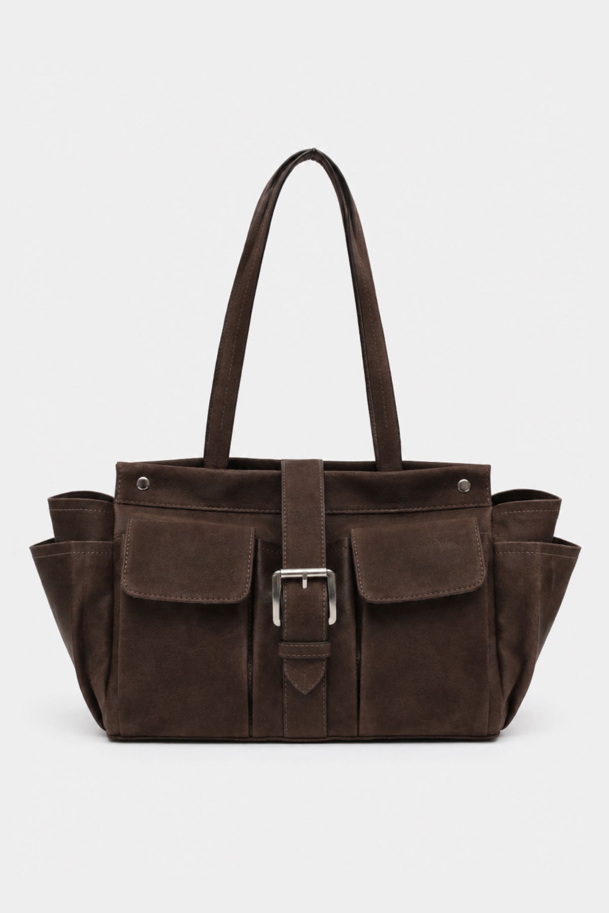 Rover Tote in Brown Suede with Buckled Detailing