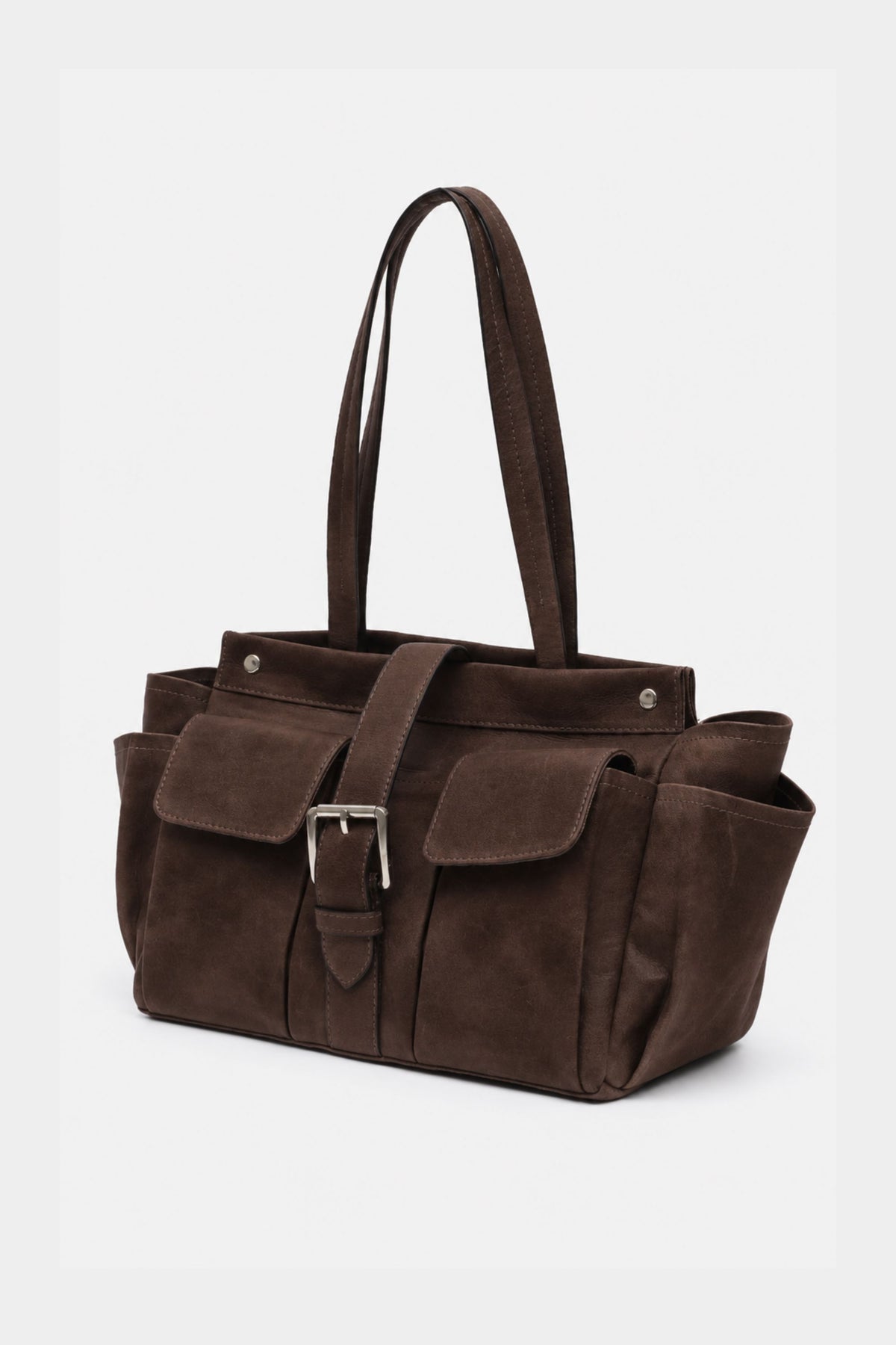 Rover Tote in Brown Suede with Buckled Detailing