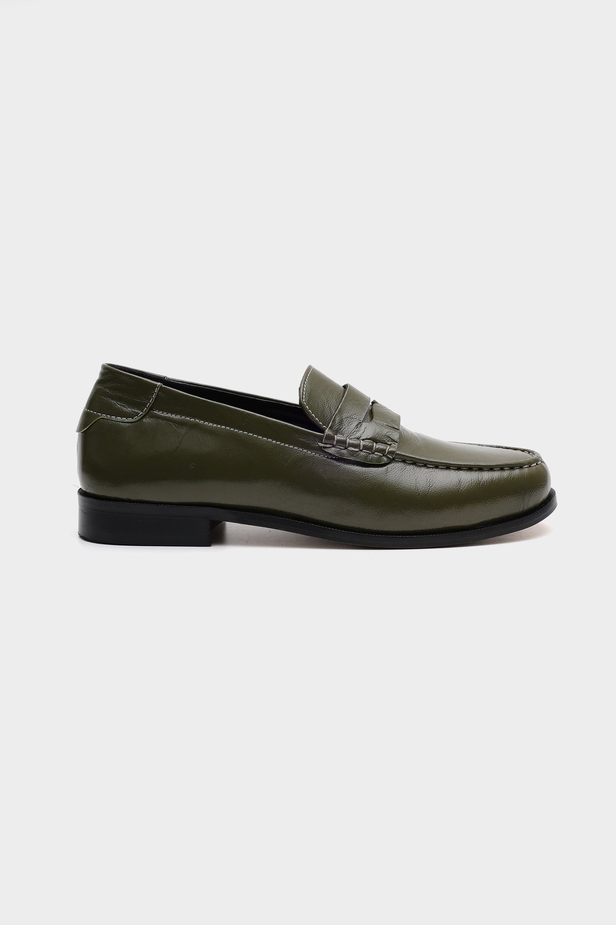 Classic Penny Cut Loafers in Olive Patent Leather