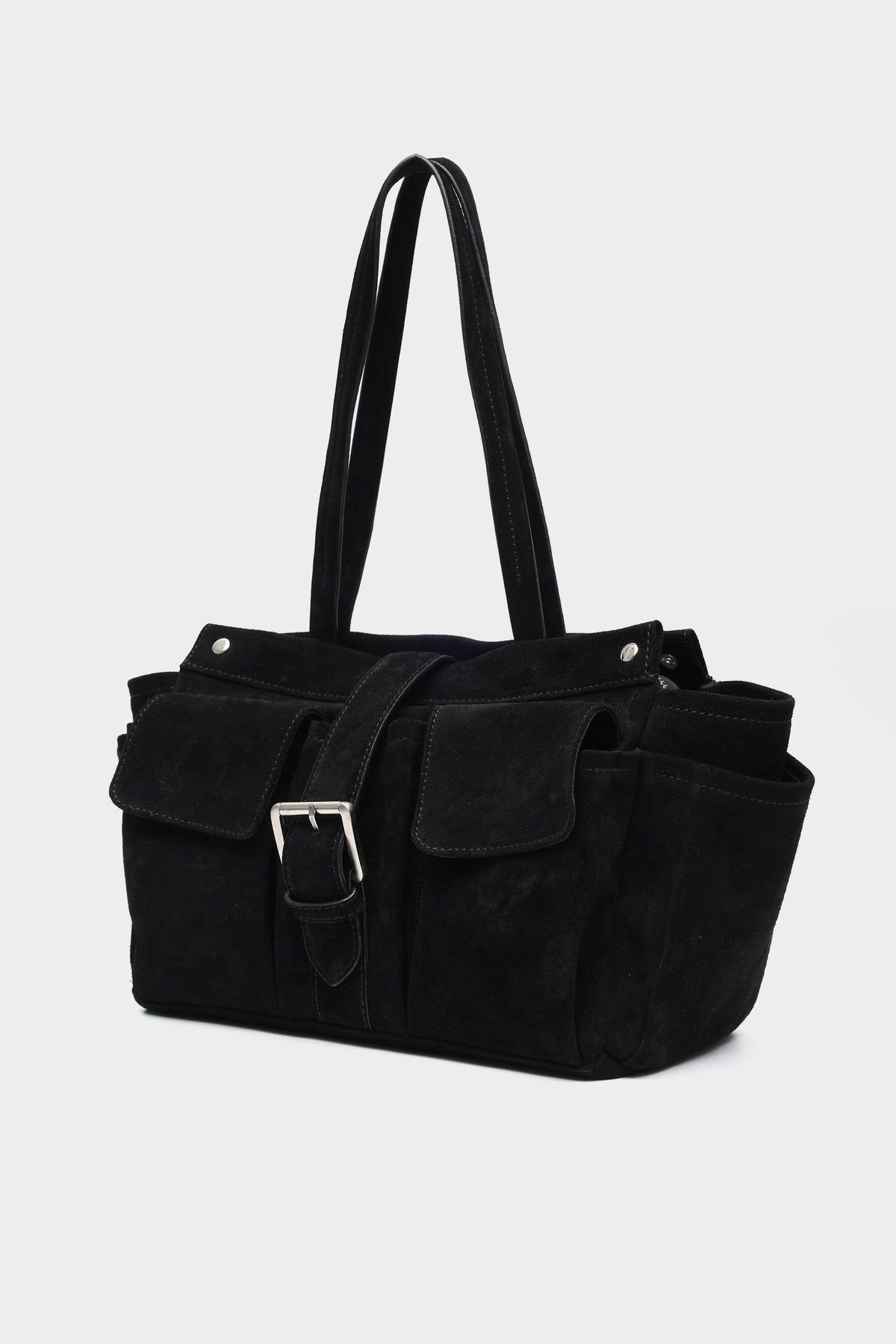 Rover Tote in Black Suede with Buckled Detailing