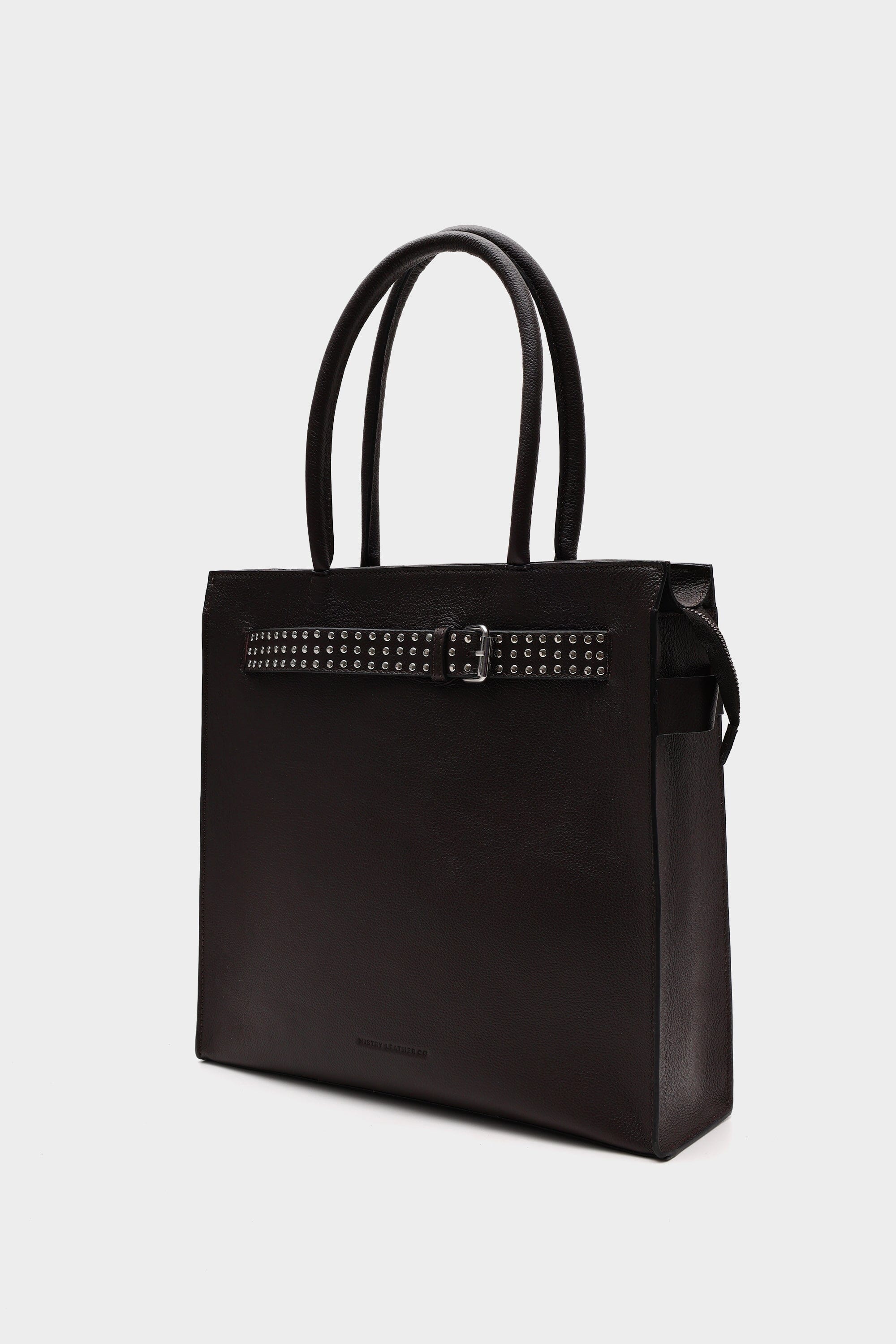 Box Tote in Pebbled Brown with Buckled Details