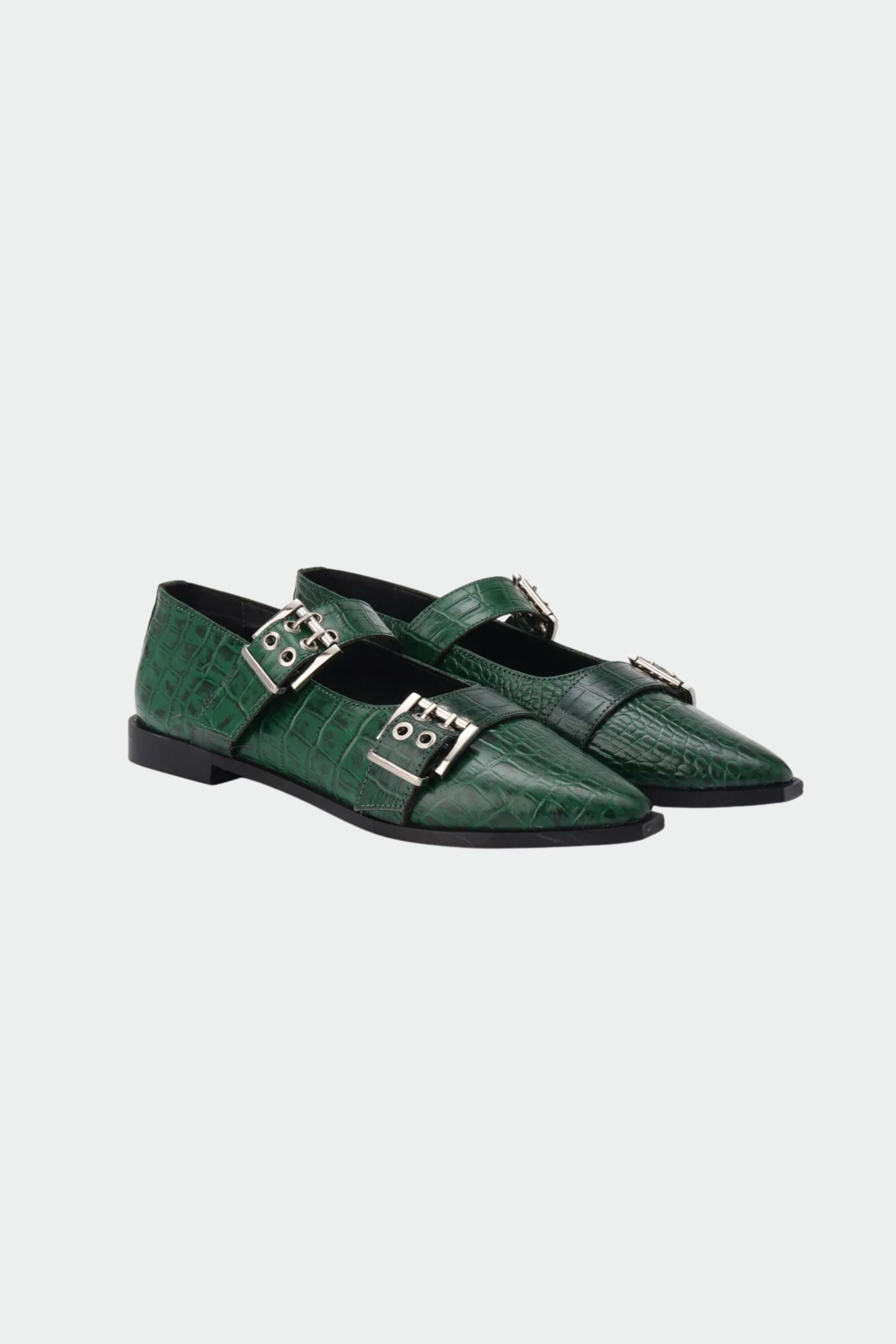 Buckled Ballet Flats in Forest Green