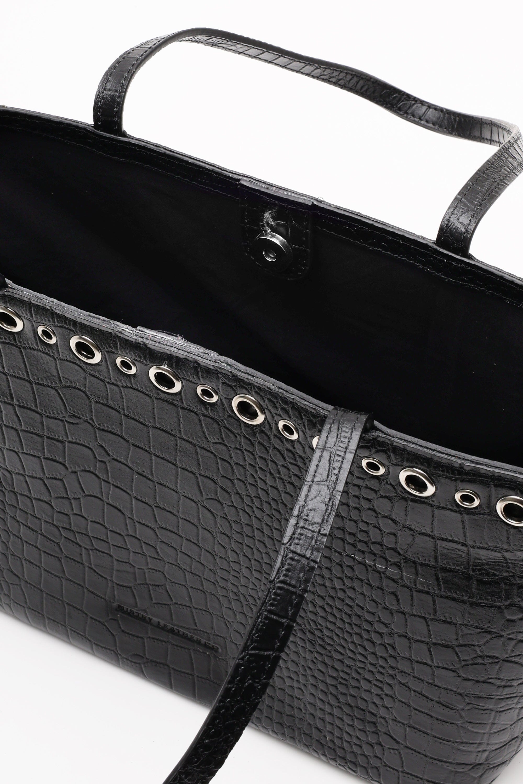 Basic Tote Mini in Black Croc with Eyelet Details
