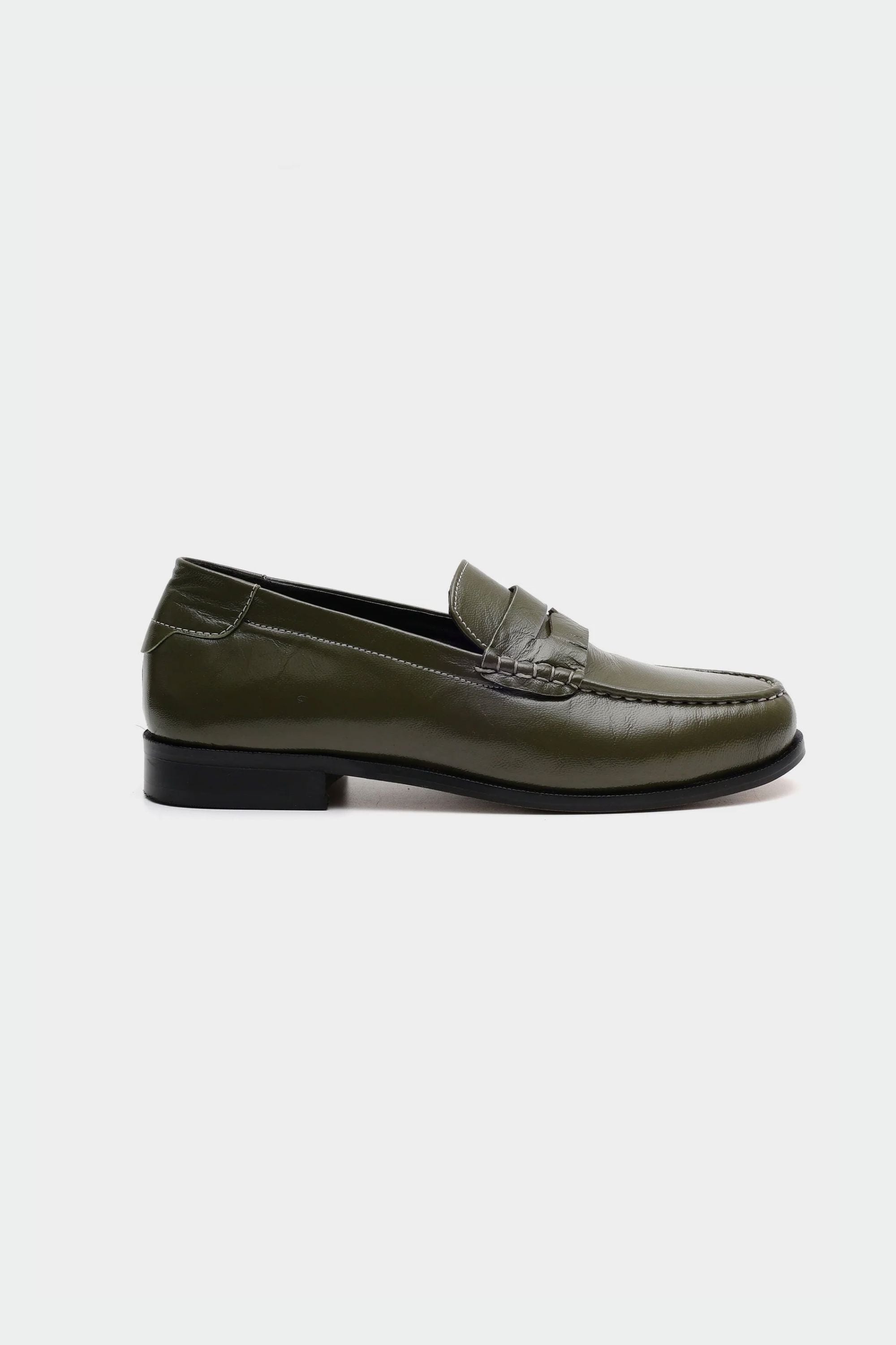 Classic Penny Cut Loafers in Olive Patent Leather