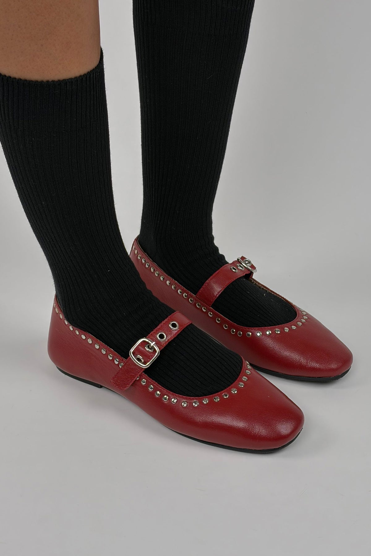 Red Ballet Flats with Rivet Detailing
