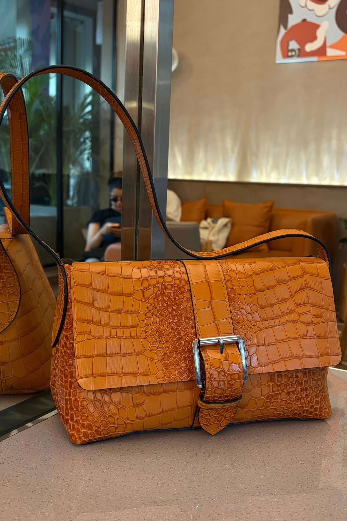 Marlow Flap Bag in Orange Croc Embossed leather