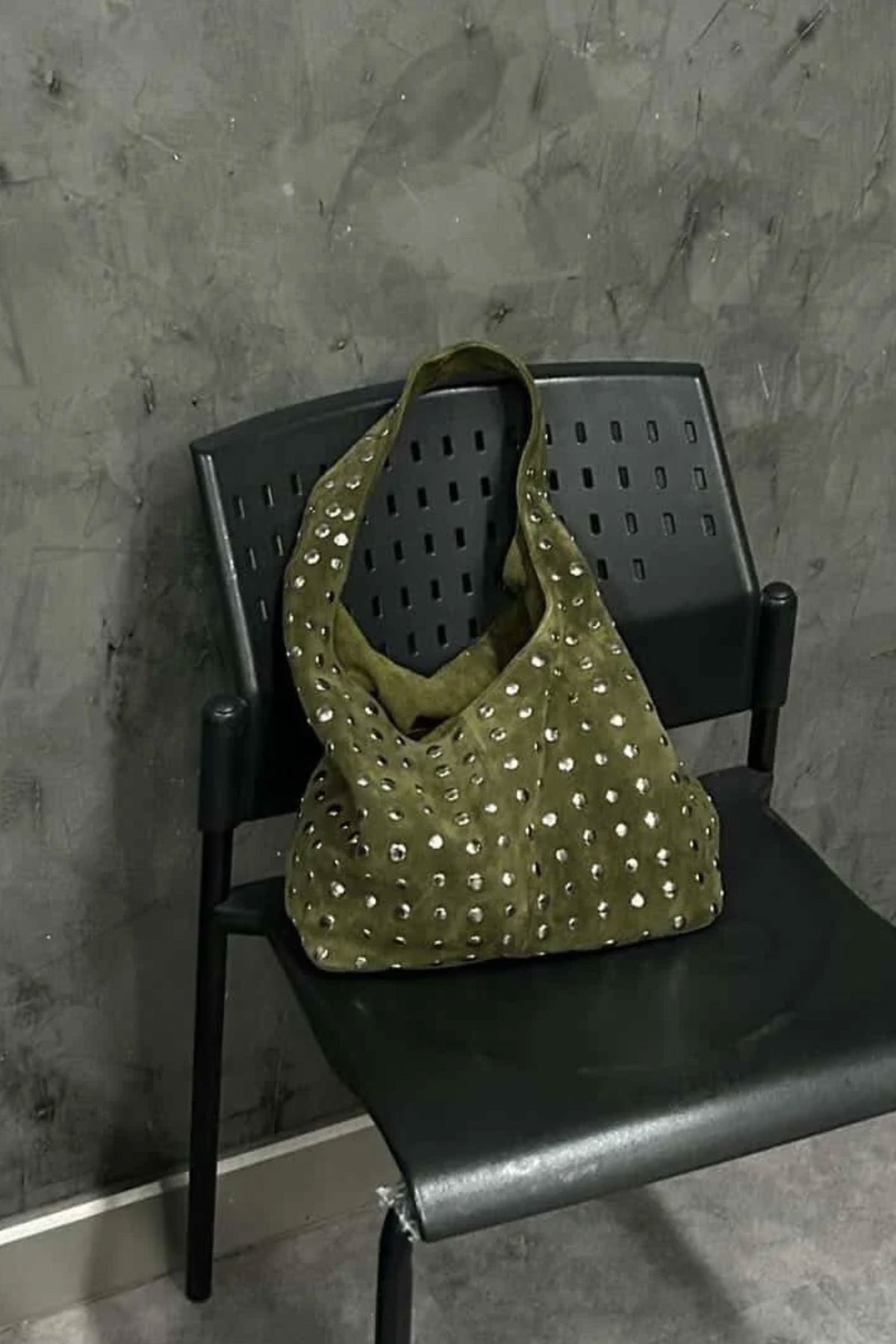 Icon Studded Tote in Olive Green Suede