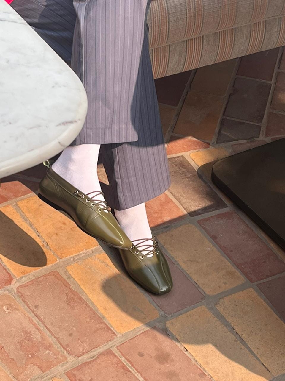 Lace Up Ballerinas In Olive Green